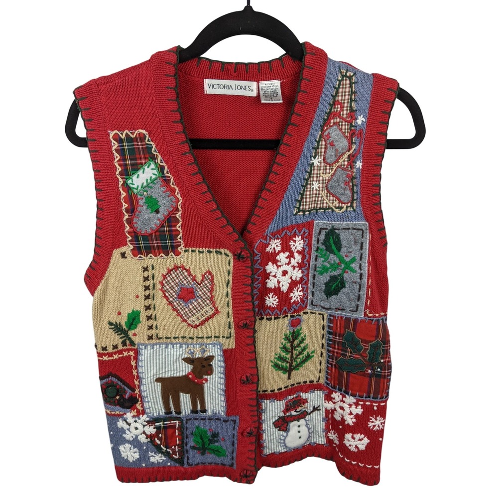 Victoria Jones Womens Red Patchwork Christmas Sweater Vest Reindeer Snowman S